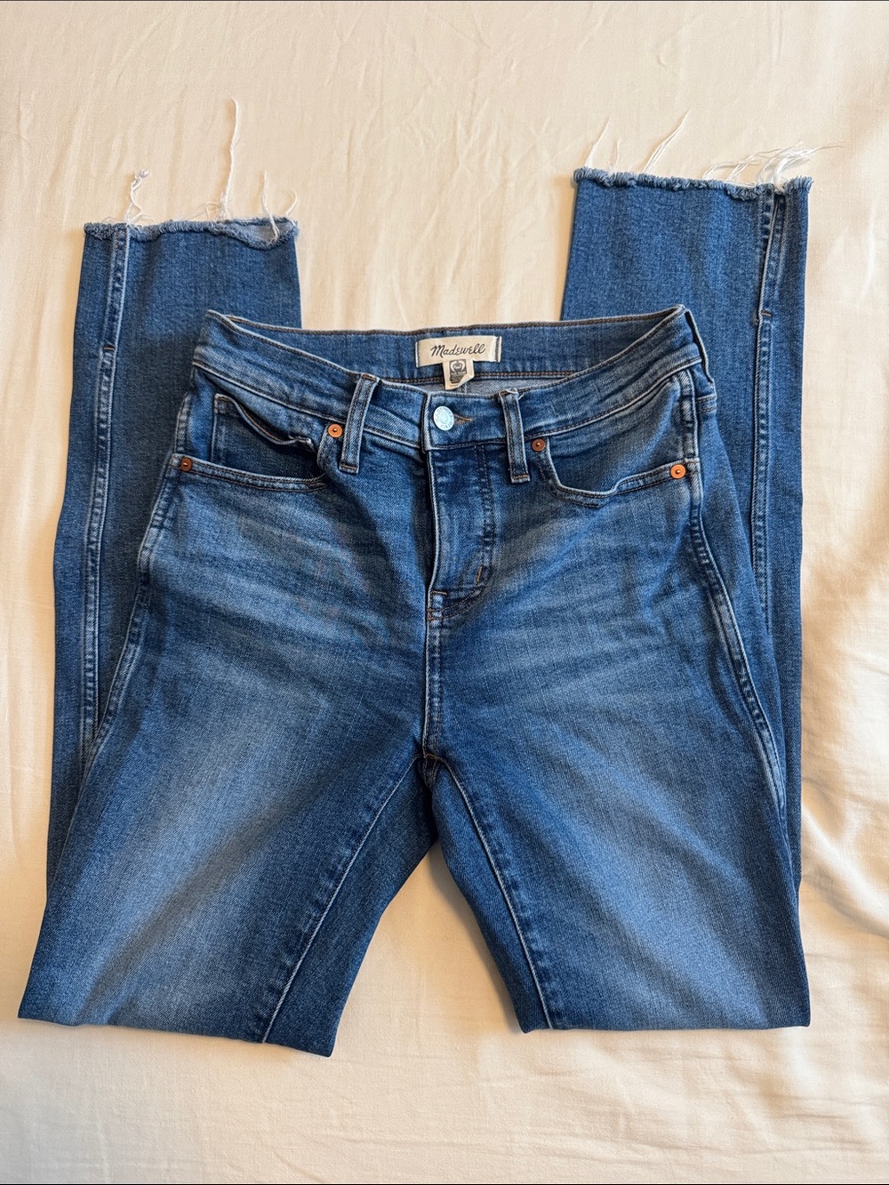 Madewell Skinny Jeans in Medium Blue Denim with Raw Hem